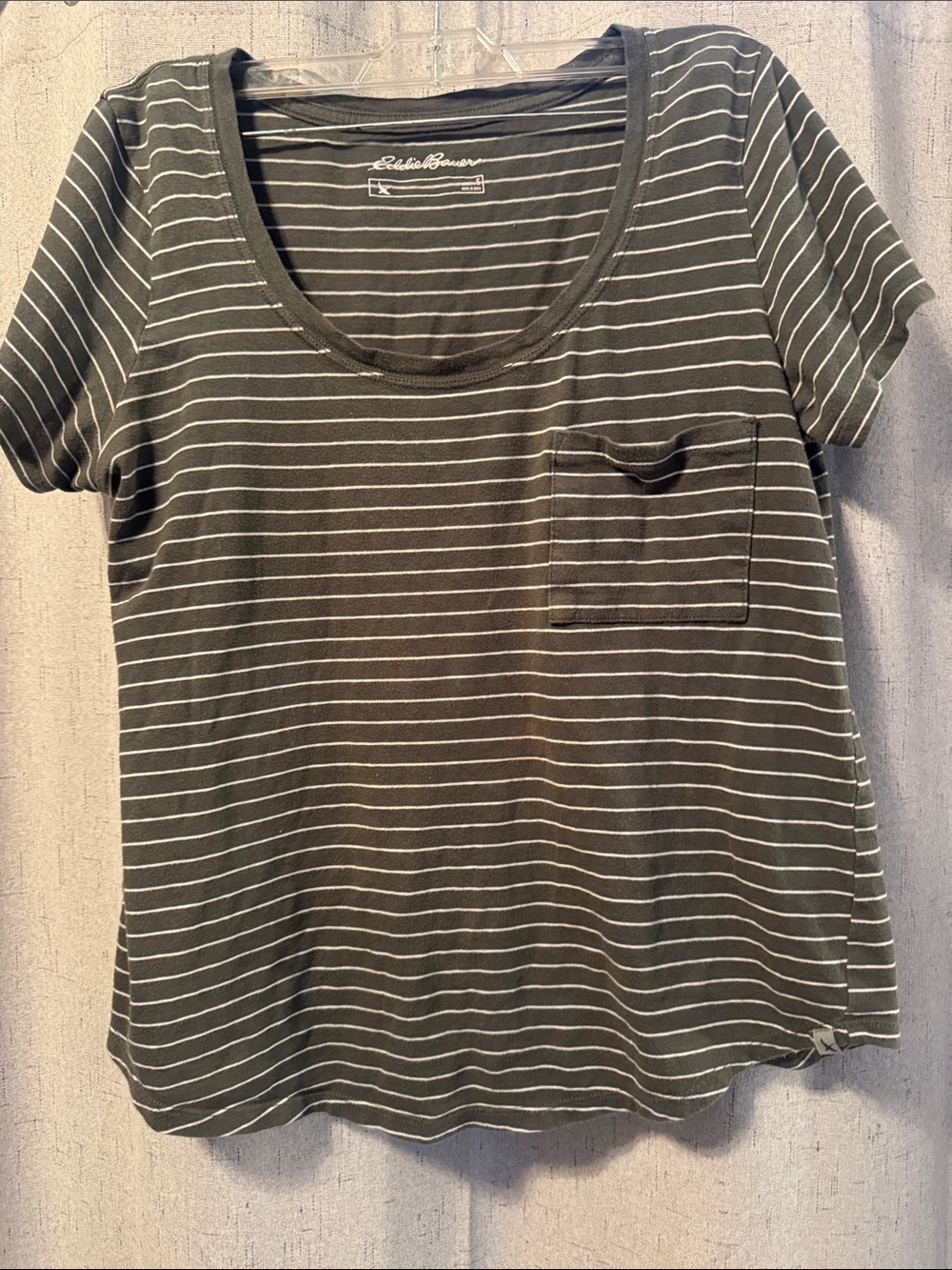 Eddie Bauer Olive Green and White Striped Scoop Neck Pocket Tee